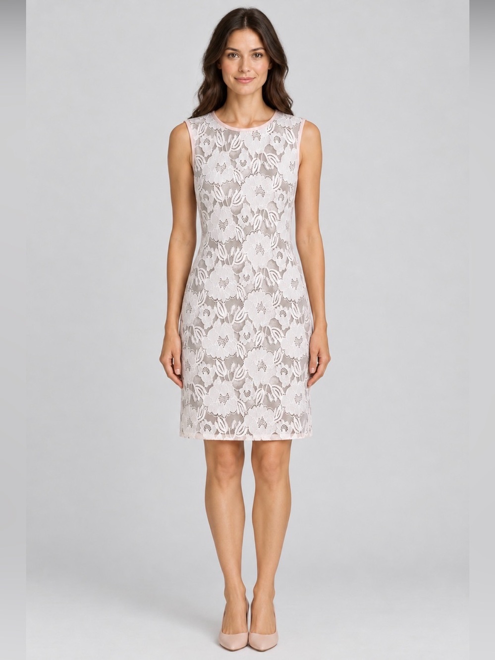 Connected Apparel Blush Pink Floral Lace Overlay Midi Shift Stretch Dress Size 8